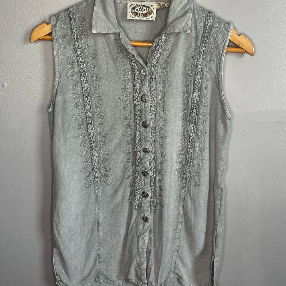 24 Karat Women’s Blouse Grey Vintage 90s Y2K Sleeveless Embellished Size S EUC - Picture 2 of 10